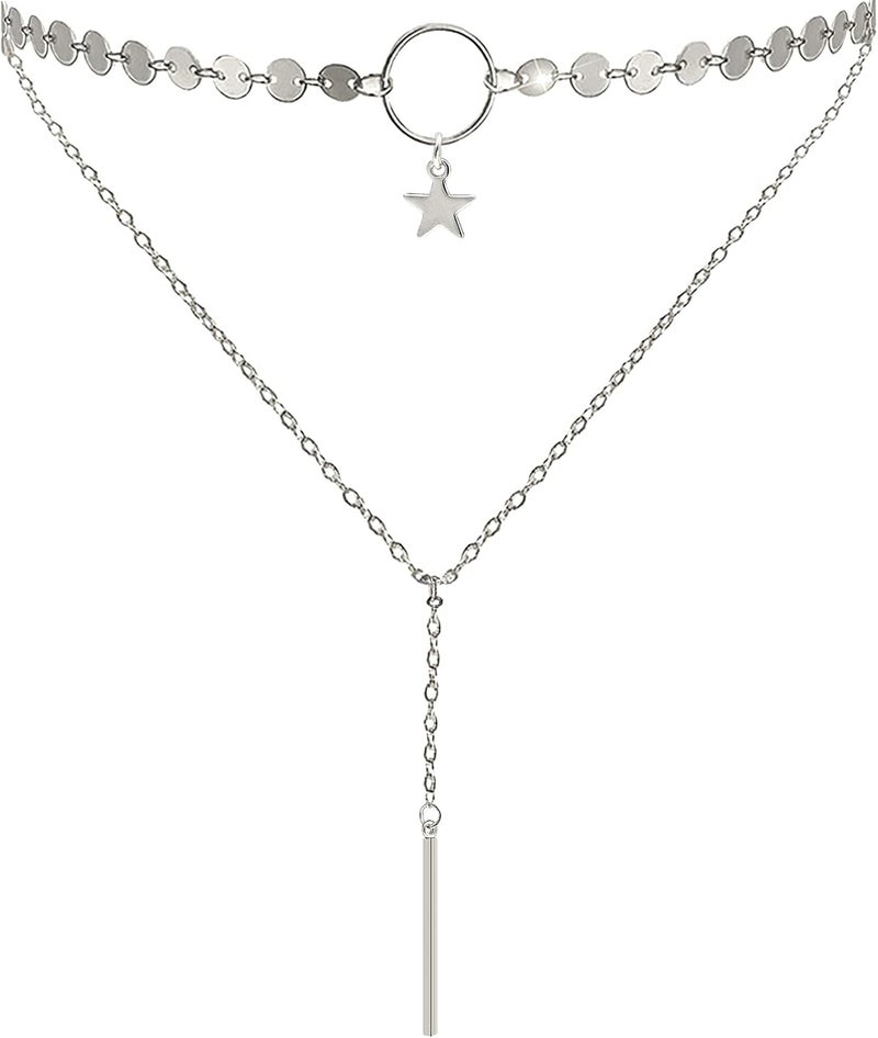 Suyi Stylish Layered Sequins Choker Necklace with Thin Long Chian Pendant for Women Lady - Image 1